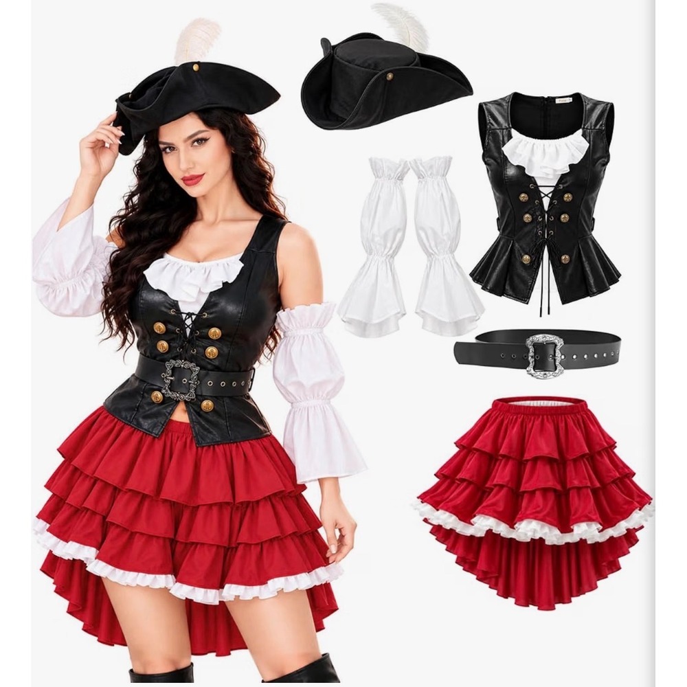 Funna Pirate Costume Women Large Black Faux Leather Vest Red Ruffle Skirt Hat L